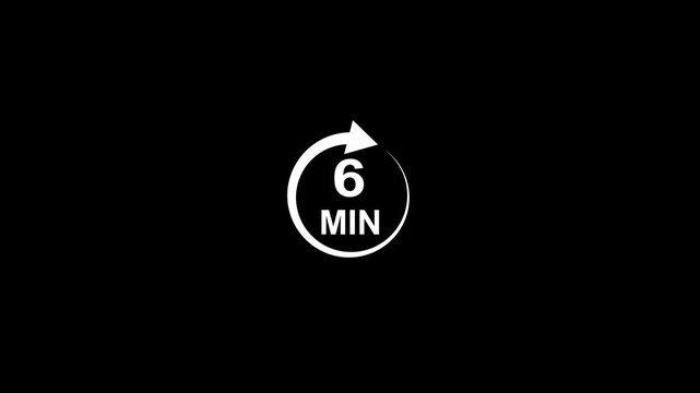 arrow Loop refresh icon and 6 min timer icon animation on black background. Circular arrow timer icon 6 Min animation. 6 Minutes Time Loop  animation
