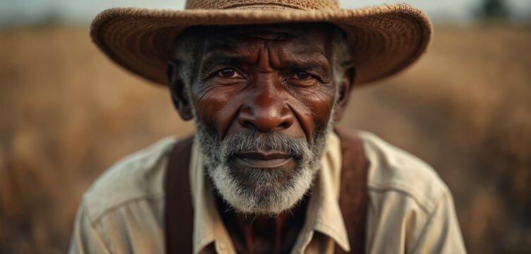Elderly African American farmer in straw hat and suspenders looks forward in dry field. Weathered man works land, endures hardship, shows dignity. Rural life, agriculture, history themes.