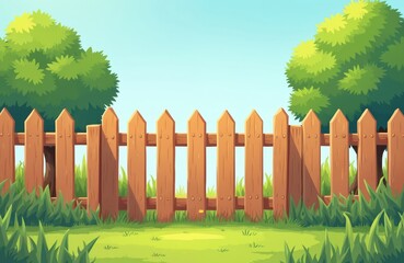 Obraz premium Wooden picket fence creates a boundary around a grassy backyard. Lush green trees and a clear blue sky form the background. The scene suggests a peaceful, idyllic setting.