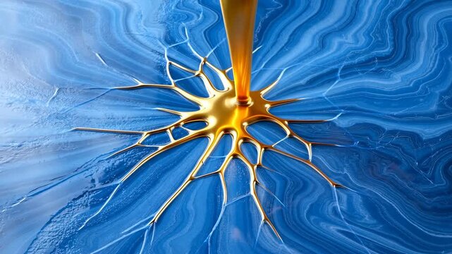 Liquid gold pouring and spreading on textured blue surface
