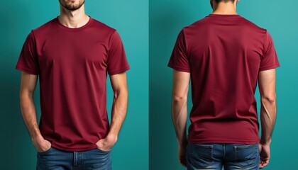 Naklejka premium Man wears maroon crew neck t-shirt showing front and back views. Plain maroon tee shirt for branding and logo mockups. Casual denim jeans outfit with tee.