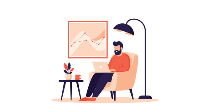 Man sitting in a cozy armchair working on a laptop with a lamp, side table, and statistical chart on the wall.
