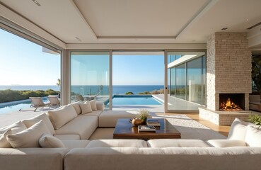Obraz premium Spacious living room with large white sofa and ocean view pool. Modern home features glass walls fireplace and comfortable seating area. Bright sunny day outside bright.