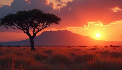 Naklejka premium African savanna landscape at sunset. Lone acacia tree stands in tall grass. Mountain silhouette on horizon. Fiery orange sky with clouds. Warm light bathes vast dry plains.