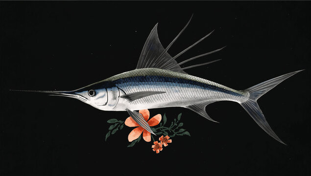 黒い背景に飛魚と小さな花を繊細に描いた海の生き物イラスト
