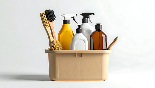 Set of cleaning supplies including spray bottles and brushes in a caddy, ready for household chores and tidying