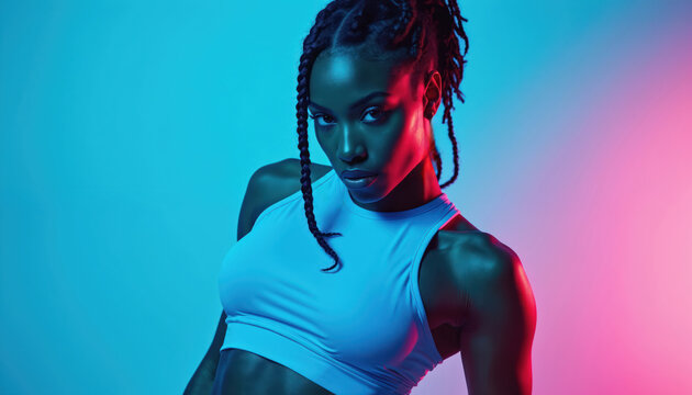 Black woman with braided hair in sports bra poses in studio. Blue pink neon light illuminates her athletic body. Confident female model shows strength and health.
