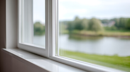 Fototapeta premium Clean White Window Frame with Reflective Glass Overlook Serene Lake and Lush Green Landscape on a Cloudy Day, Peaceful Indoor View