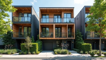 Fototapeta premium Modern townhouses with wood and dark paneling stand in a row on a sunny street. Buildings have balconies glass railings and garages. Landscaping includes green bushes and tall trees.