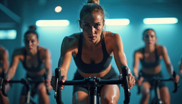 Women cycle intensely in a gym class. Focused athletes train hard on stationary bikes, sweating and pushing limits. Group indoor cycling session promotes strong fitness and motivation.