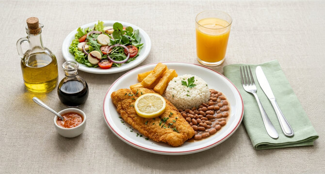 Prato comercial brasileiro com fil&eacute; de peixe merluza frito, arroz, feij&atilde;o, mandioca frita, salada fresca e suco de laranja sobre mesa de linho branco. til&aacute;pia milanesa. Peixe empanado