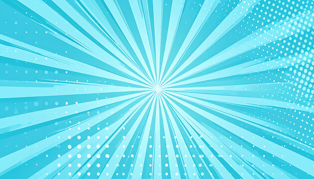 Radial comic book style sunburst background in bright cyan, retro pop art explosion effect, halftone dot pattern overlay, dynamic energy burst