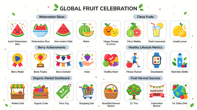 Global fruit celebration flat icon set with fresh watermelon slices citrus fruits berry achievements organic market and harvest success vector