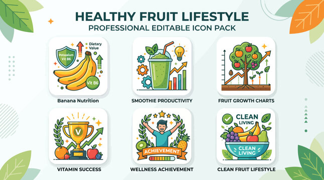 Healthy fruit lifestyle icon pack with fresh banana nutrition smoothie productivity growth charts and wellness achievement vector