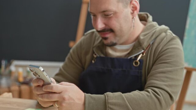 Man painter holds smartphone with both hands, tapping screen and smiling in studio; calm concentration.