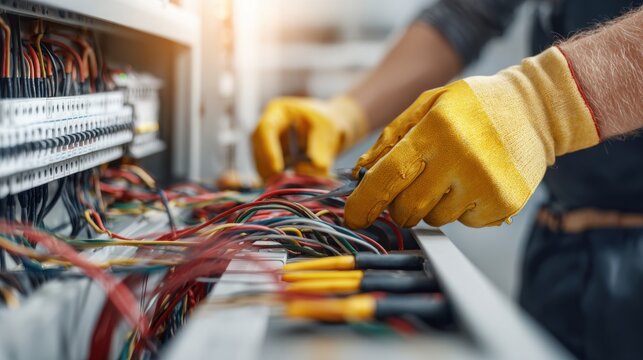 Close-up of electrician repairing electrical panel with colorful wires and safety gloves. Professional maintenance service, industrial wiring installation and power system repair concept