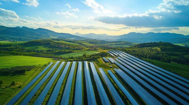 Aerial view of a sprawling solar panel farm generating clean energy across a verdant hilly landscape under a bright sky.