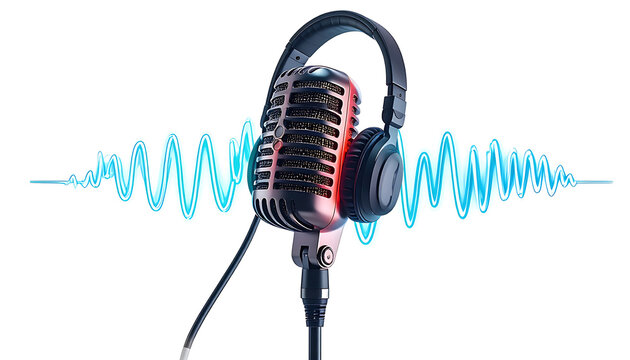 Retro microphone with headphones and vibrant sound wave, audio recording and broadcast concept