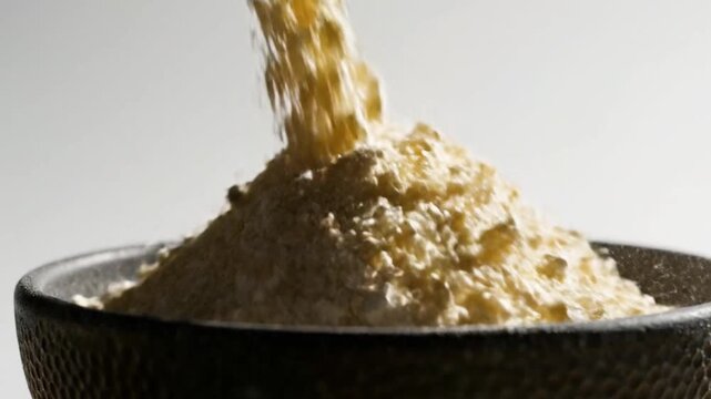 Extreme close-up of granular manioc flour being sprinkled in slow motion, highlighting dry organic texture and dramatic lighting against a pure white background.