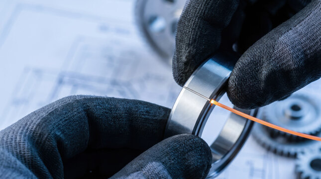 task management and workflow planning concept, Fiber optic cable being aligned with metal ring by gloved hand in engineering setting