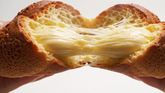 Extreme close-up of a warm Brazilian cheese bread being pulled apart, revealing an elastic melted cheese center and soft rising steam, professional studio presentation.
