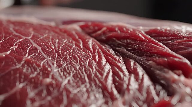 Closeup Macro Shot of Raw Beef Texture and Marbling.
