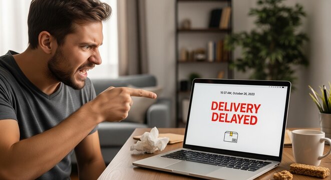 Frustrated man pointing at laptop screen displaying 'Delivery Delayed' notification, expressing anger and disappointment