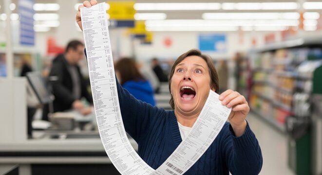 Astonished shopper holds excessively long receipt in supermarket aisle, expressing shock at the total cost and overwhelming amount of items purchased