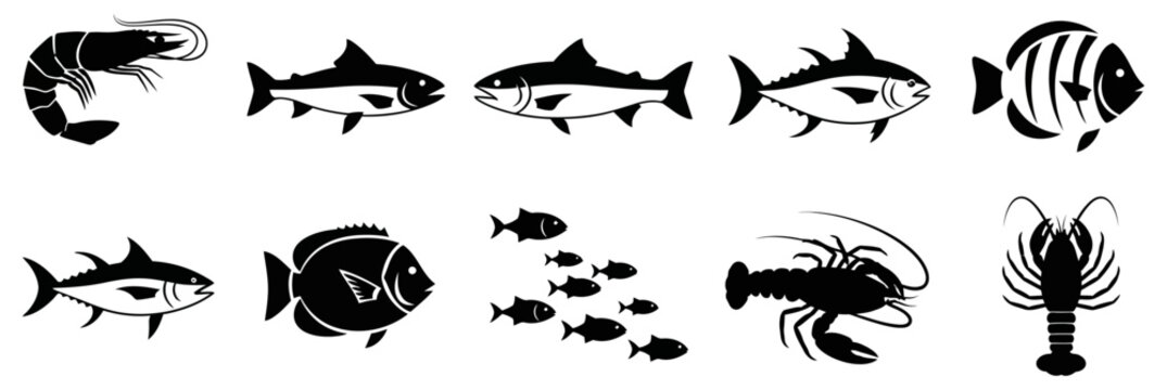 Seafood silhouettes collection shrimp fish lobster and crustacean icons