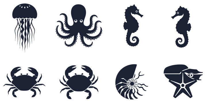 Marine life silhouette collection jellyfish octopus seahorses crabs and nautilus