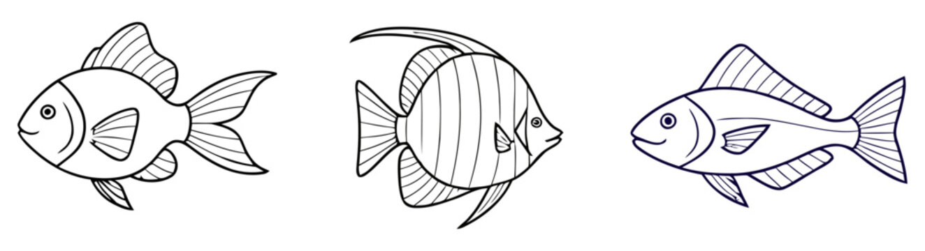 Three black and white fish illustrations line art vector graphics