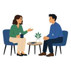 Fototapeta premium Two people sitting in chairs talking to each other with a small plant on a table between them vector illustration Isolated on transparent background