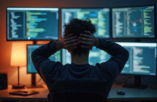 Man programmer frustrated by complex code on many screens. Developer feels stress and pressure from long hours coding. Overwhelmed worker experiences burnout in dark office.