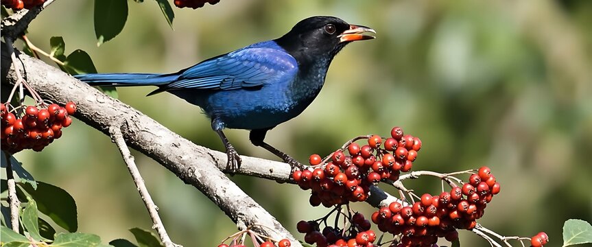 Dark blue bird with black head feeding on ripe red tree berries