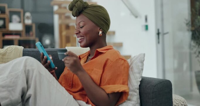 Online shopping, credit card and black woman on sofa, smartphone payment and mobile app money, ecommerce and fast food delivery to house. Happy customer, cellphone fintech or digital internet banking
