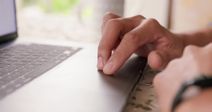 Man hands, laptop keyboard and internet research in work from home office on blog post article, elearning and email tech. Closeup freelancer, student and person reading wifi website in online class