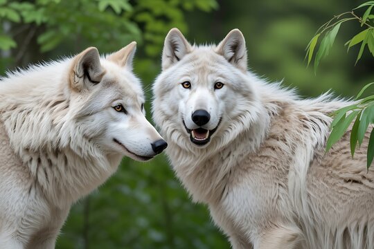Pair of beautiful white wolves standing together closely in a lush forest