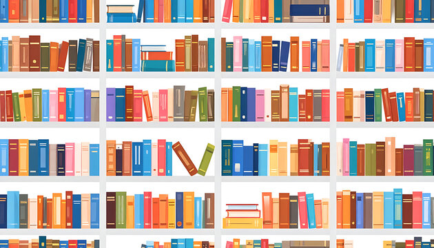 Seamless pattern of bookshelves filled with colorful books, ideal for library or educational backgrounds