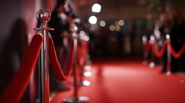 Red carpet with chrome stanchions and velvet ropes, leading to a blurred background with bokeh lights, creating a glamorous, exclusive atmosphere