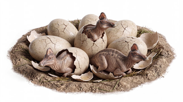 Magnapaulia laticaudus hatchlings emerging from eggs in a nesting site, showing detailed reproductive behavior and scientific paleontological reconstruction isolated on white background