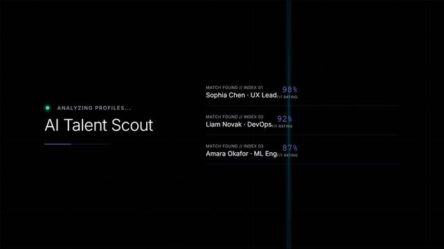 Ai talent scout recruitment interface animation on black background