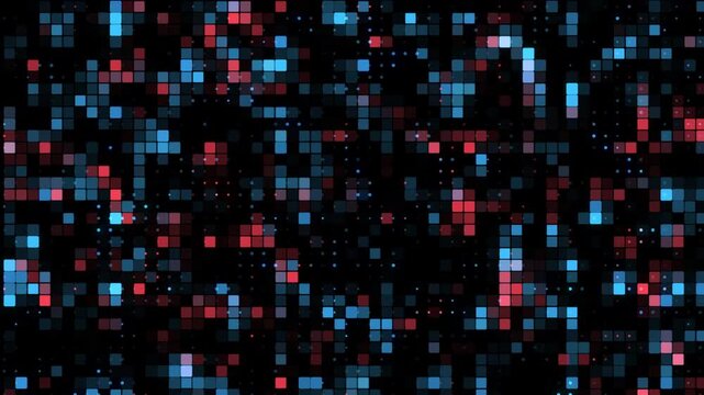 Abstract random red and blue neon tiles and dots animation with futuristic digital grid background, blur background, black background