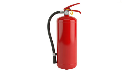 Obraz premium Red fire extinguisher with black hose and silver handle isolated on white