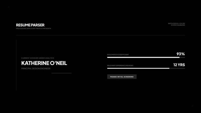 Digital resume parser interface displaying recruitment data metrics