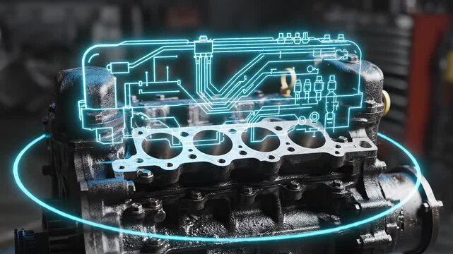 Engine cylinder head with blue flame representing smart infrastructure and data-driven solutions