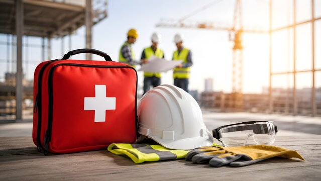 Workplace safety concept at construction site with red first aid kit protective helmet goggles and gloves on wooden surface with engineers in background