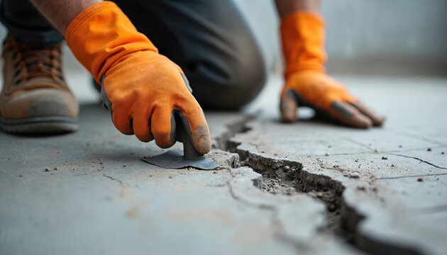 Worker repairs concrete floor crack with trowel. Skilled hand fills gap carefully using cement mix. Pro maintenance work on damaged surface.