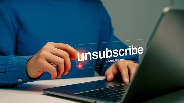 Hands pressing unsubscribe button on laptop screen with subscription plan