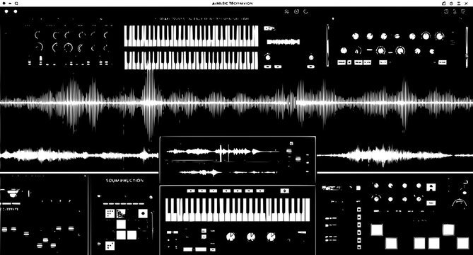 Digital music production interface with waveform display and virtual synthesizer keyboard layout for modern audio engineering software and creative sound design