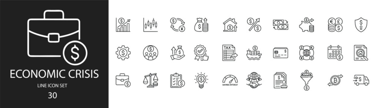 Economic crisis line icon set featuring recession, inflation, finance, bankruptcy, crash, depression, market. Professional editable vector illustration for financial dashboard and UI UX design